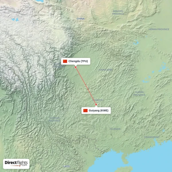 Guiyang - Chengdu direct flight map