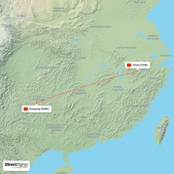 Guiyang - Tunxi direct flight map