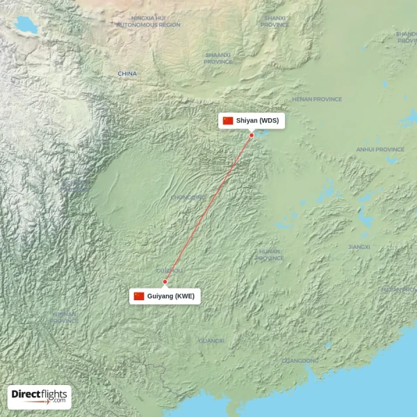 Guiyang - Shiyan direct flight map