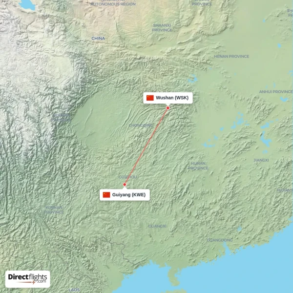 Guiyang - Wushan direct flight map