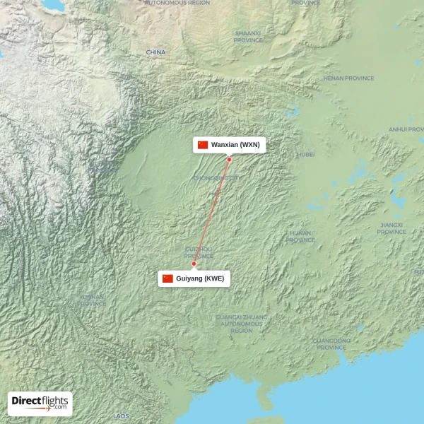 Guiyang - Wanxian direct flight map