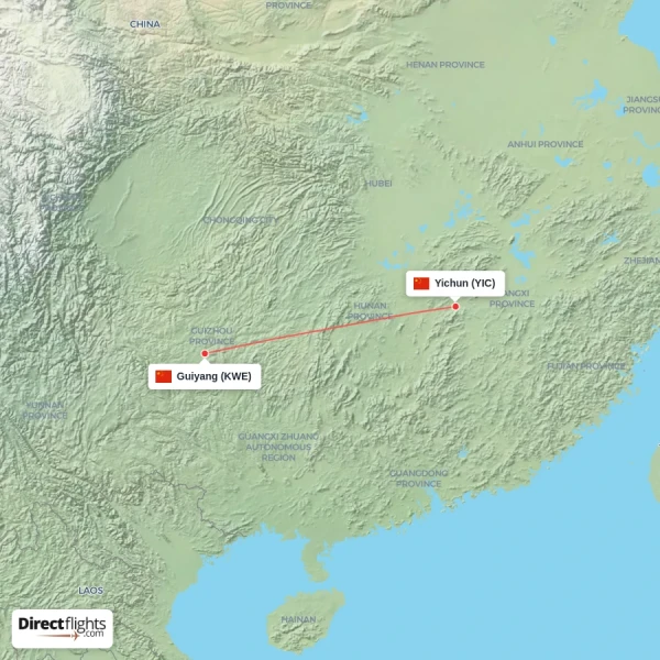 Guiyang - Yichun direct flight map