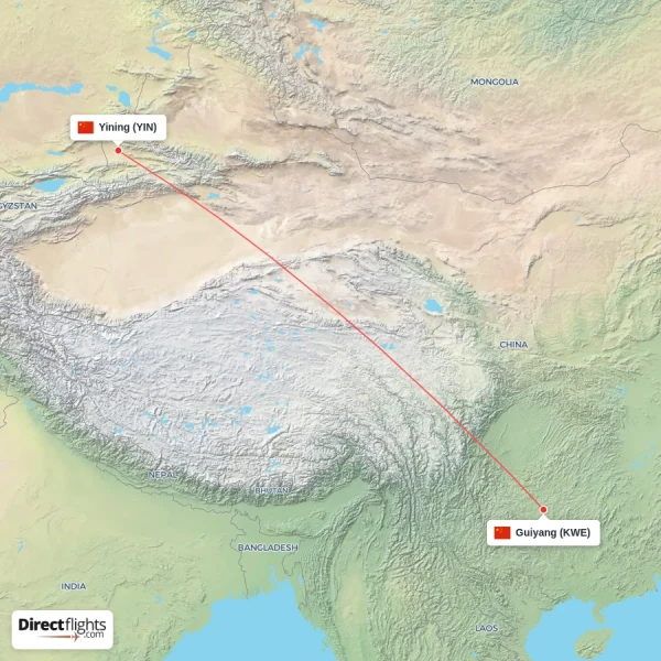 Guiyang - Yining direct flight map