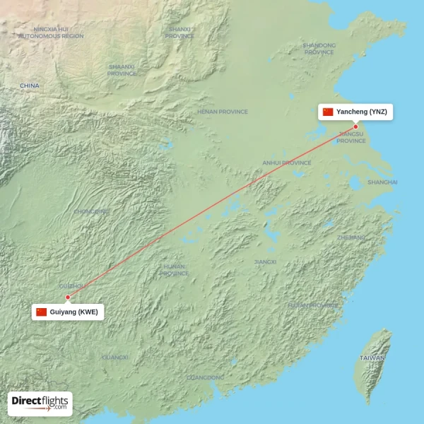 Guiyang - Yancheng direct flight map
