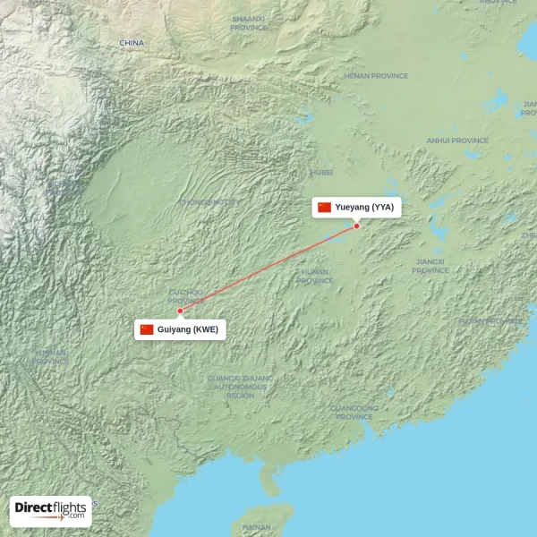 Guiyang - Yueyang direct flight map