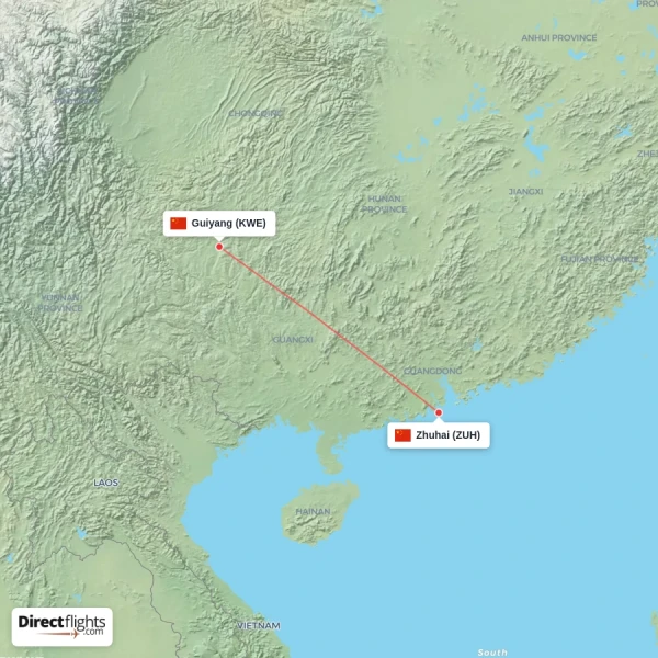 Guiyang - Zhuhai direct flight map