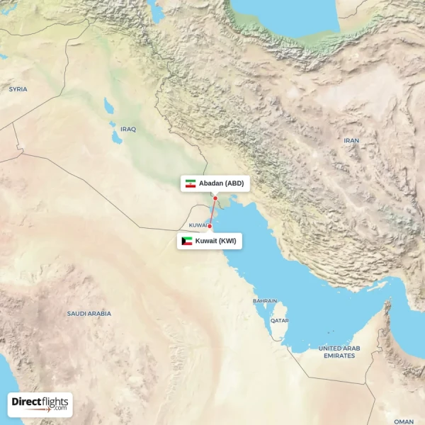 Kuwait - Abadan direct flight map