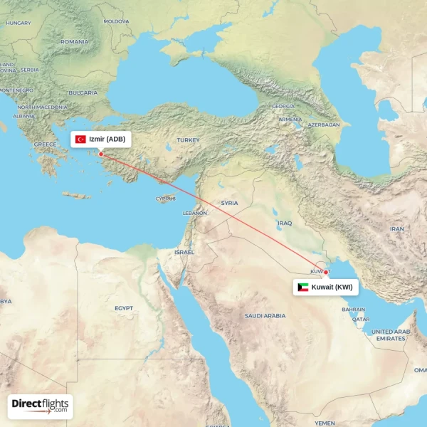 Kuwait - Izmir direct flight map