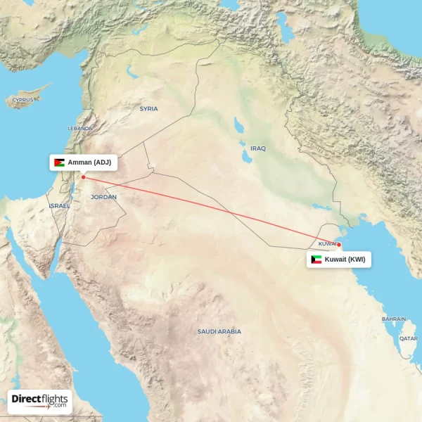 Kuwait - Amman direct flight map