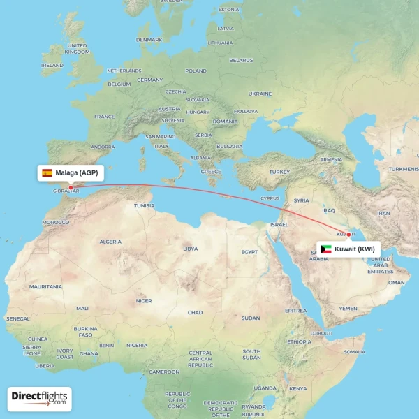 Kuwait - Malaga direct flight map
