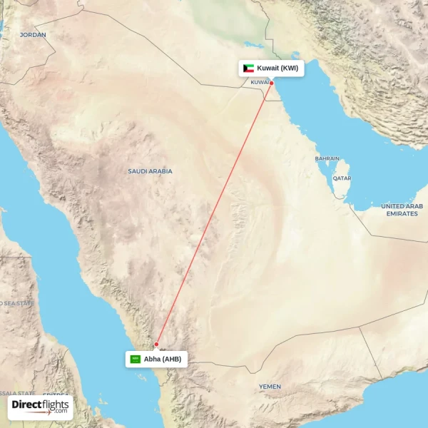 Kuwait - Abha direct flight map