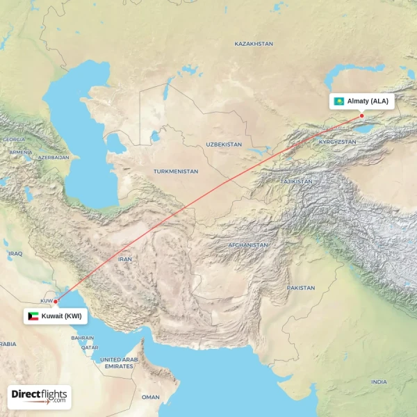 Kuwait - Almaty direct flight map