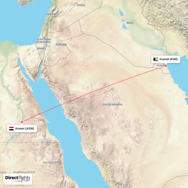 Kuwait - Aswan direct flight map