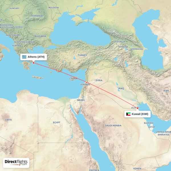 Kuwait - Athens direct flight map