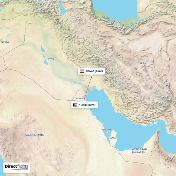 Kuwait - Ahwaz direct flight map