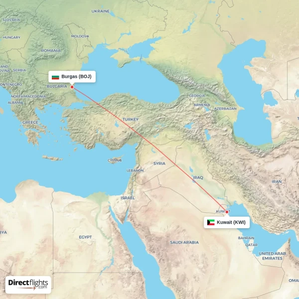 Kuwait - Burgas direct flight map