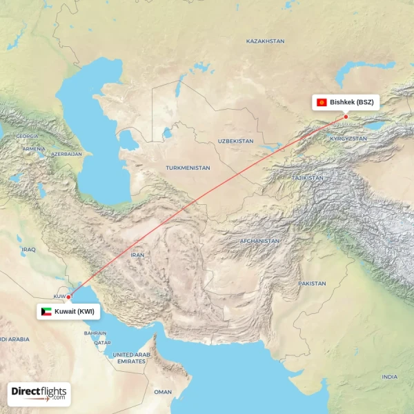Kuwait - Bishkek direct flight map