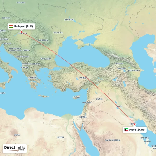 Kuwait - Budapest direct flight map