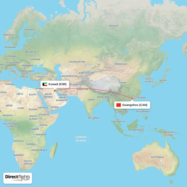 Kuwait - Guangzhou direct flight map