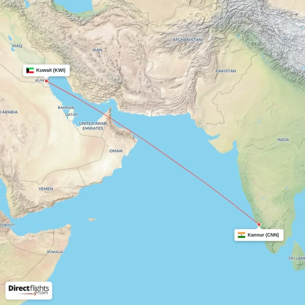 Kuwait - Kannur direct flight map