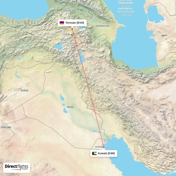 Kuwait - Yerevan direct flight map
