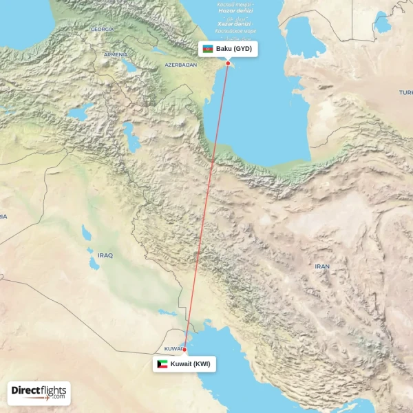 Kuwait - Baku direct flight map
