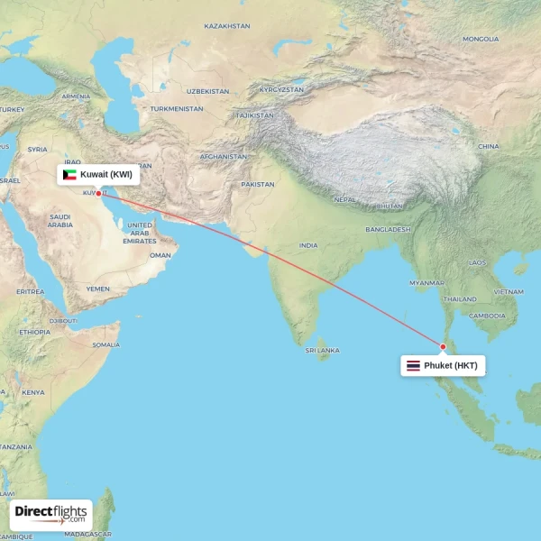 Kuwait - Phuket direct flight map