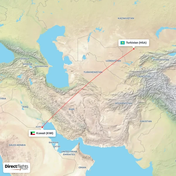 Kuwait - Turkistan direct flight map