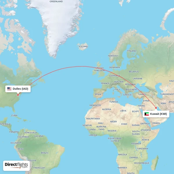 Kuwait - Dulles direct flight map