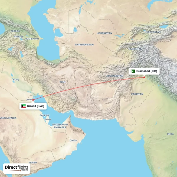 Kuwait - Islamabad direct flight map