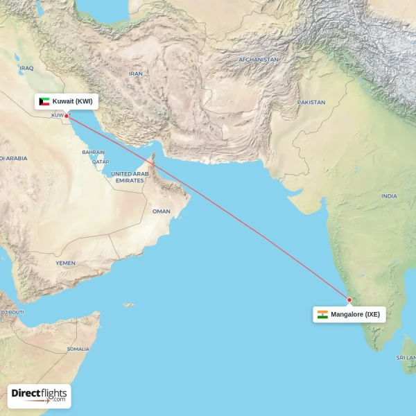 Kuwait - Mangalore direct flight map