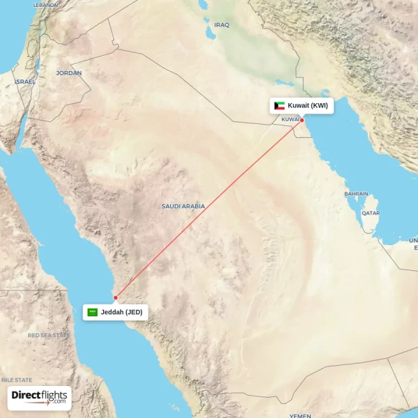 Kuwait - Jeddah direct flight map