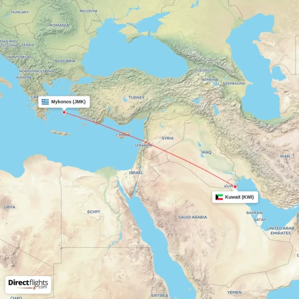 Kuwait - Mykonos direct flight map