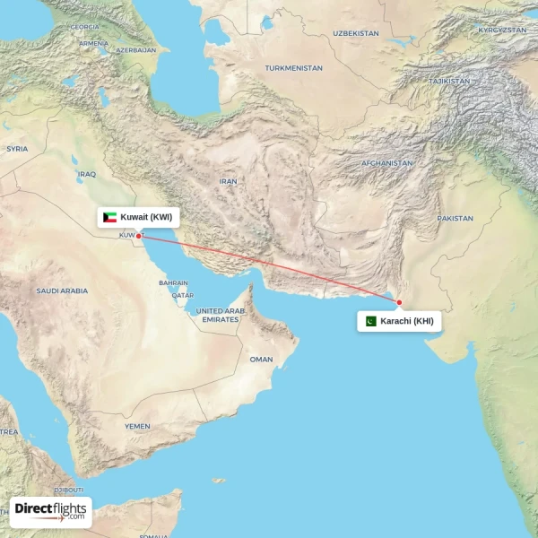 Kuwait - Karachi direct flight map