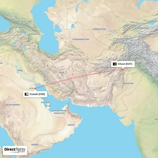 Kuwait - Khost direct flight map