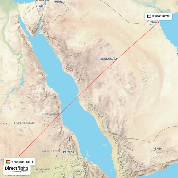 Kuwait - Khartoum direct flight map