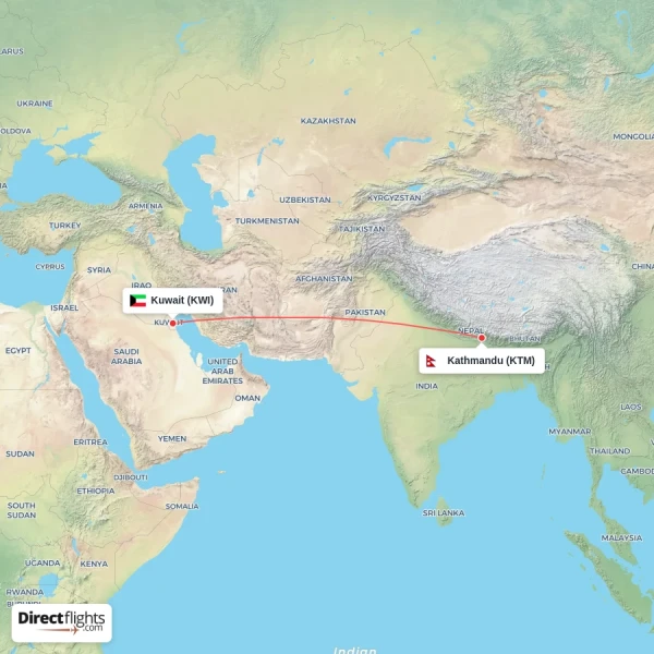 Kuwait - Kathmandu direct flight map