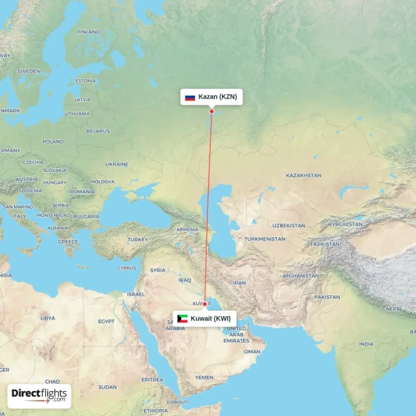 Kuwait - Kazan direct flight map