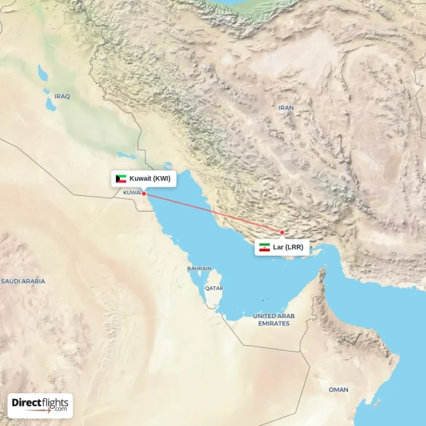 Kuwait - Lar direct flight map