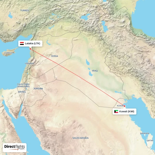 Kuwait - Latakia direct flight map