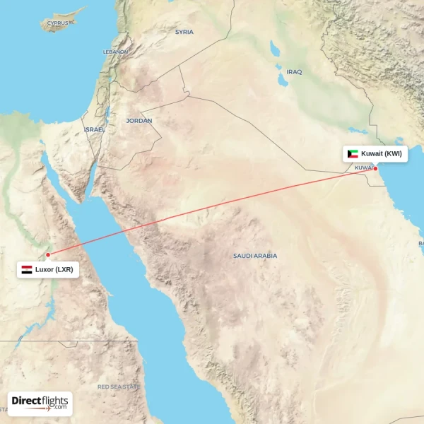 Kuwait - Luxor direct flight map