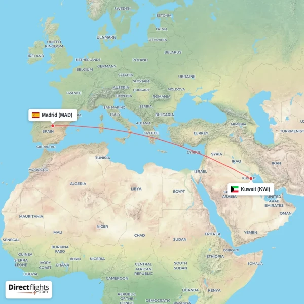 Kuwait - Madrid direct flight map
