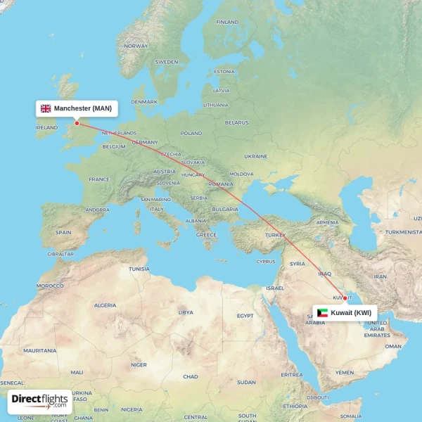 Kuwait - Manchester direct flight map