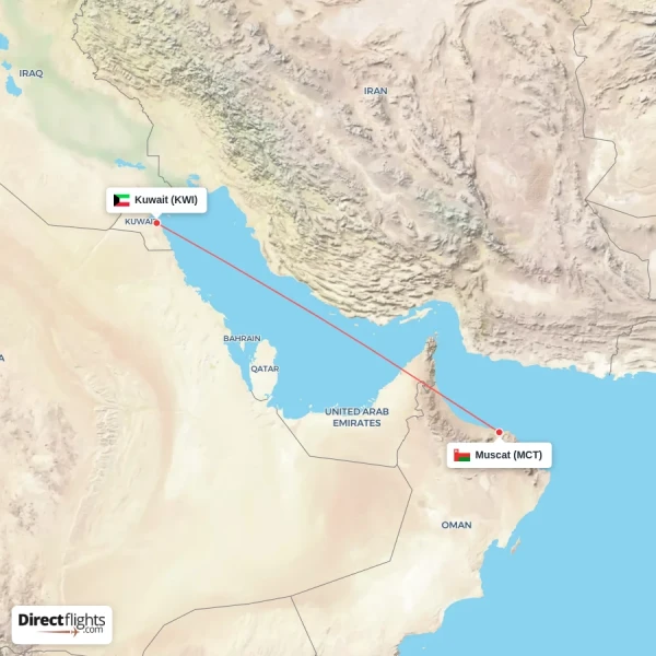 Kuwait - Muscat direct flight map