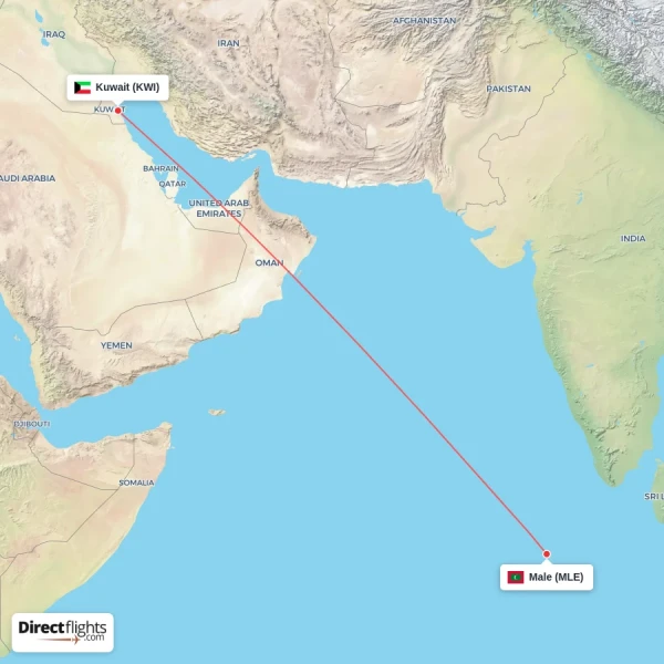 Kuwait - Male direct flight map