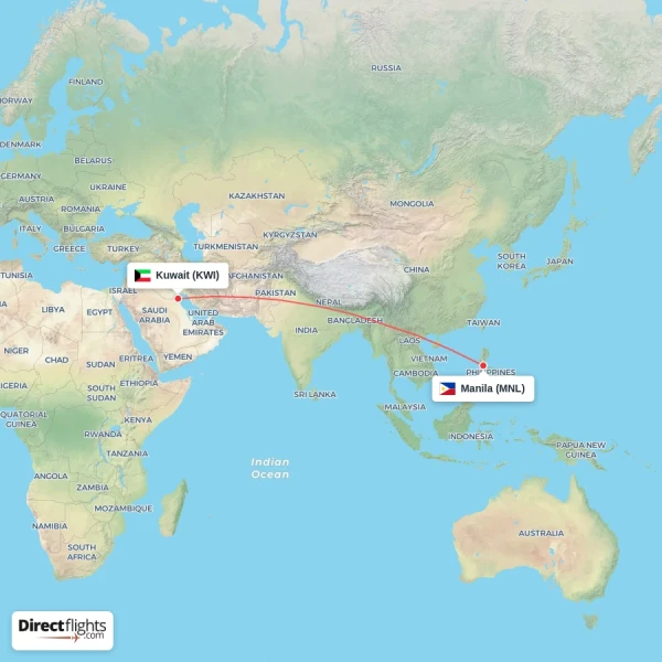 Kuwait - Manila direct flight map