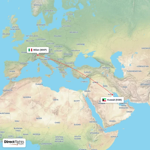 Kuwait - Milan direct flight map