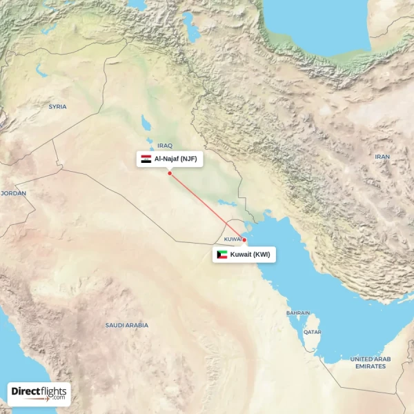 Kuwait - Al-Najaf direct flight map