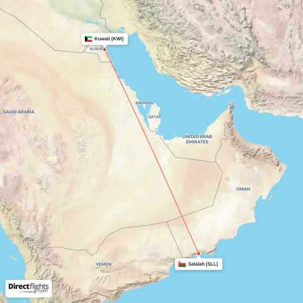 Kuwait - Salalah direct flight map