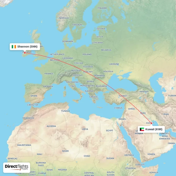 Kuwait - Shannon direct flight map